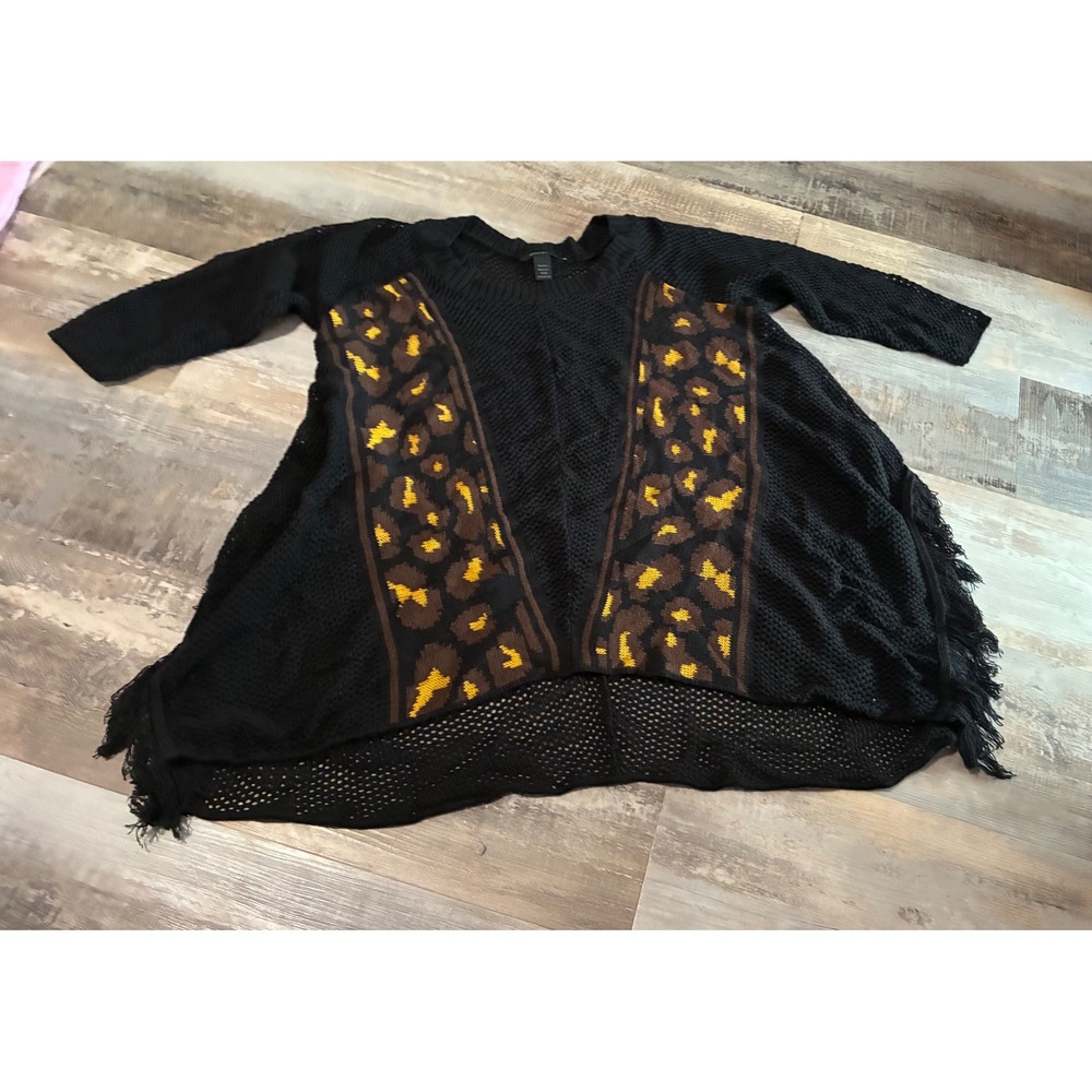 Ashley Stewart Womens Black Leopard Print Open Knit Fringe Sweater Top 14/16